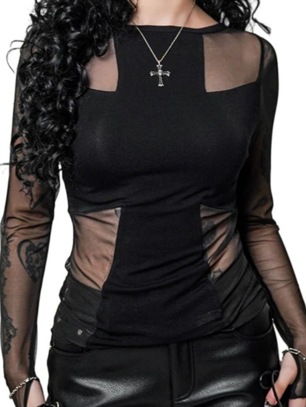 Forest Ink Divinity Top Black Long Sleeve Mesh Goth Emo Punk Cross Clubwear